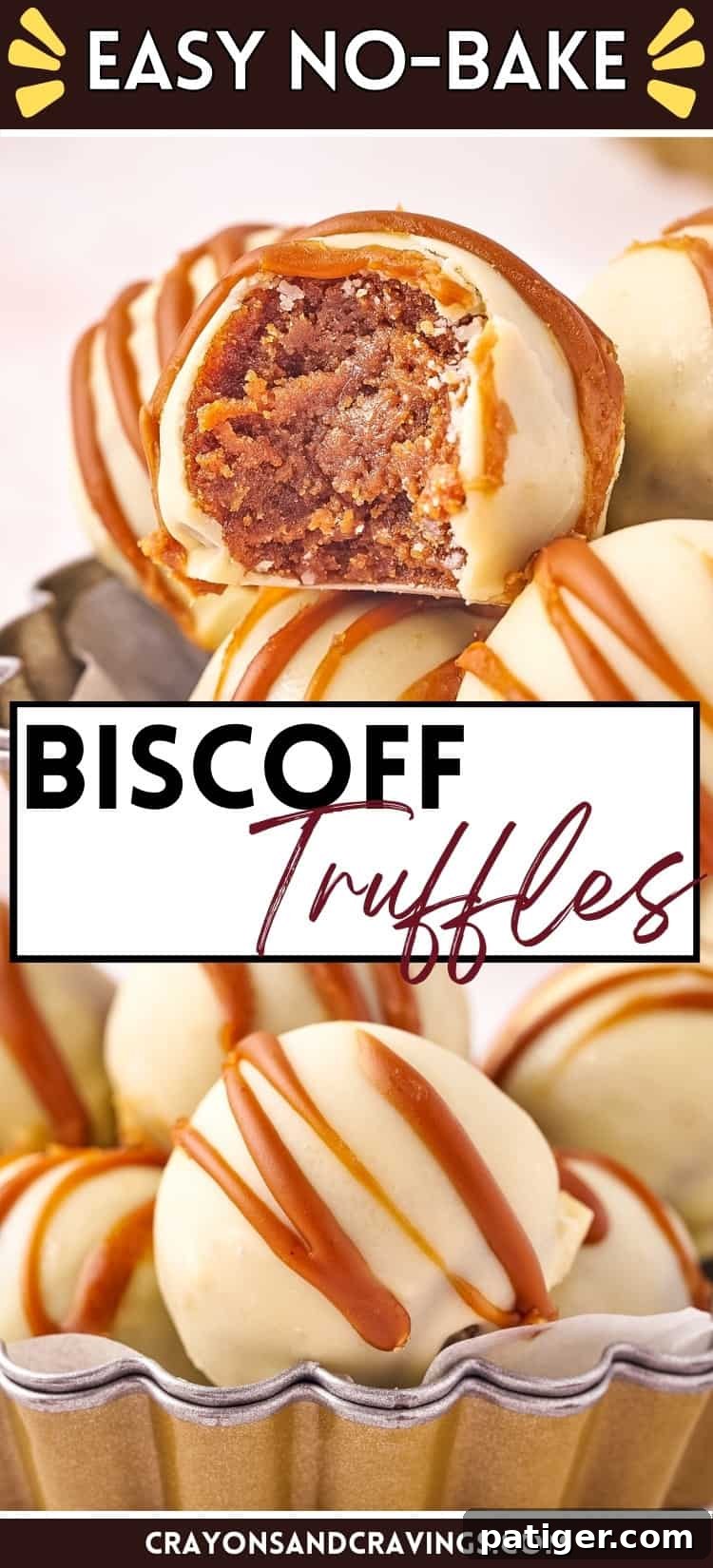 Easy no-bake Biscoff Truffles for Pinterest Pin, showing a plate of truffles with a white chocolate coating and a cookie butter drizzle.