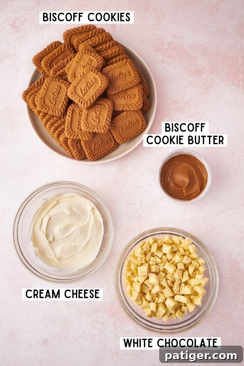 A flat lay of the essential ingredients for Biscoff Cookie Truffles: Biscoff cookies, Biscoff cookie butter, cream cheese, and white chocolate.