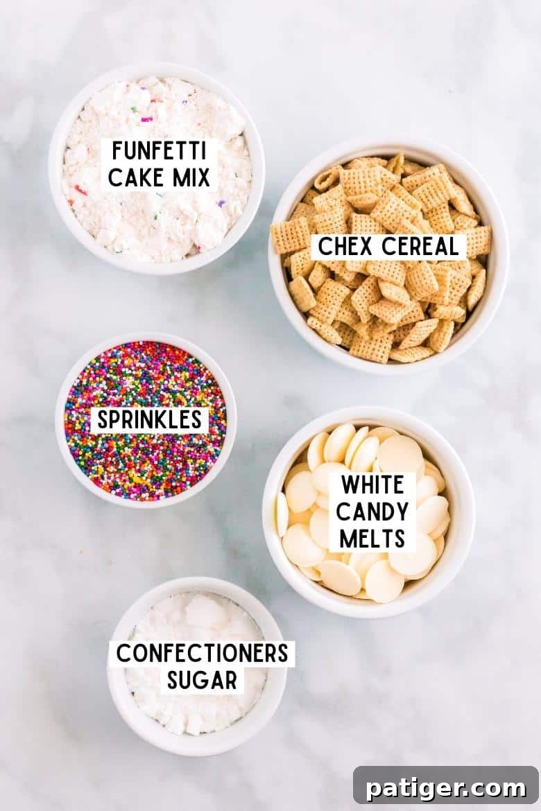 Bowls of ingredients on countertop: funfetti cake mix, chex cereal, rainbow sprinkles, white candy melts, and confectioners sugar