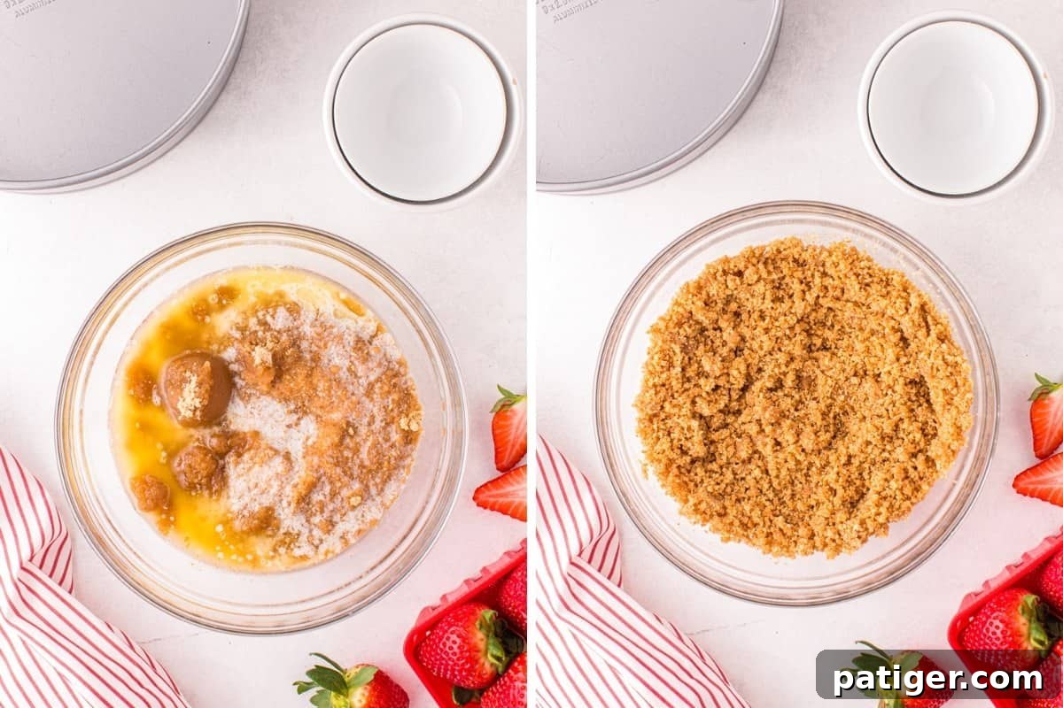 Two image collage of vanilla wafer crust ingredients before and after mixing.