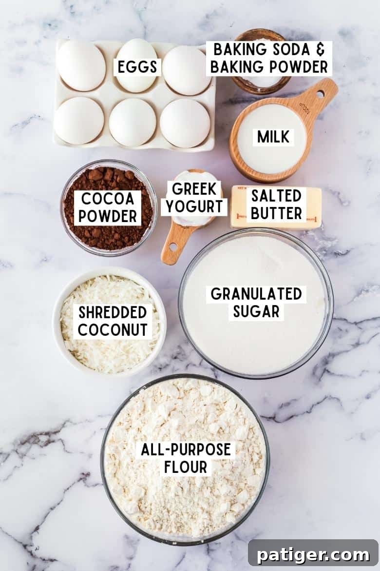 6 Eggs, baking powder, baking soda, milk, greek yogurt, cocoa powder, salted butter, shredded coconut, granulated sugar, all-purpose flour