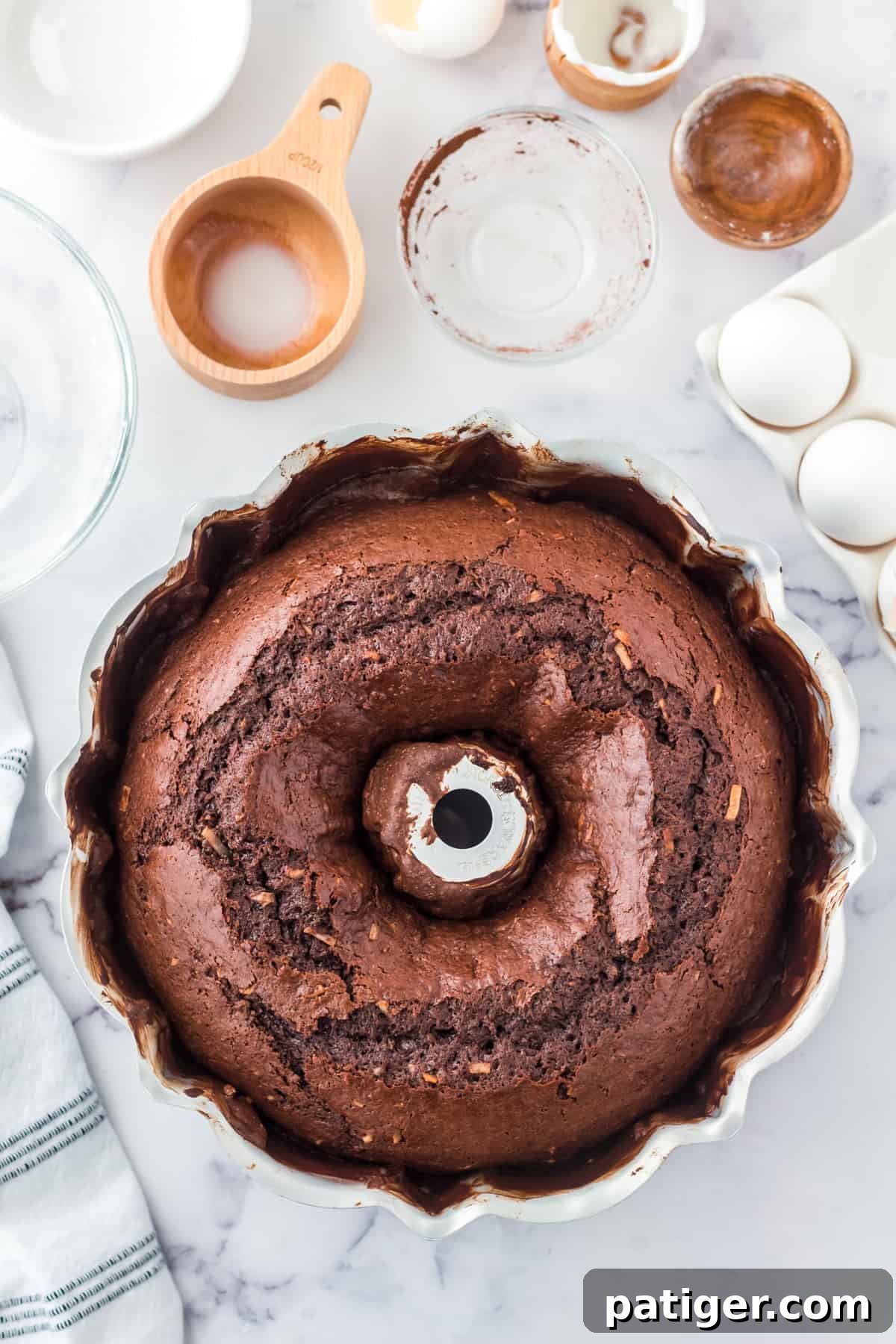 Homemade chocolate coconut cake in bundt cake pan.