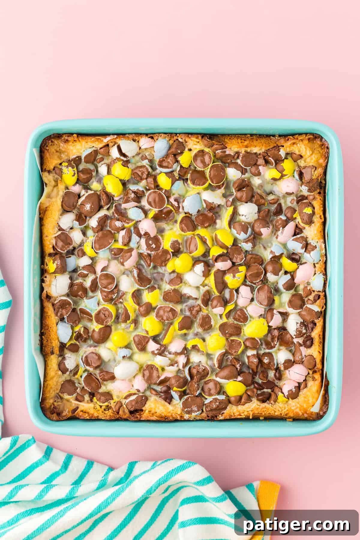 Easter Magic Cookie Bars in square baking pan.