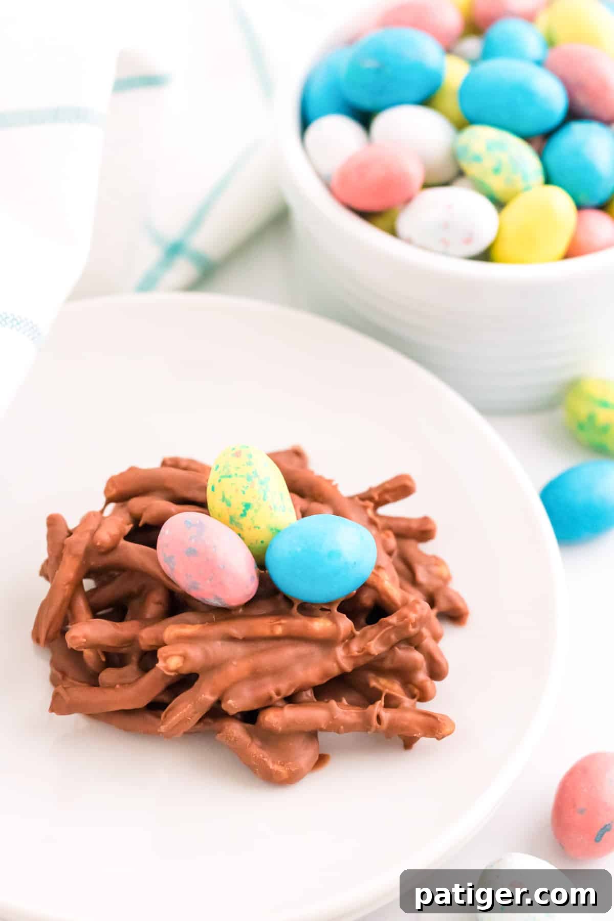 No Bake Easter Bird Nest Cookie with mini eggs in center.