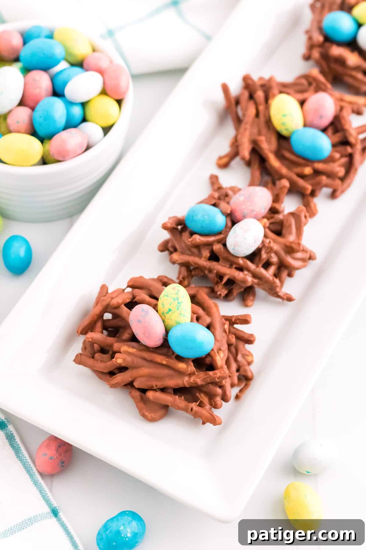 Birds Nest Haystacks with colorful chocolate eggs.