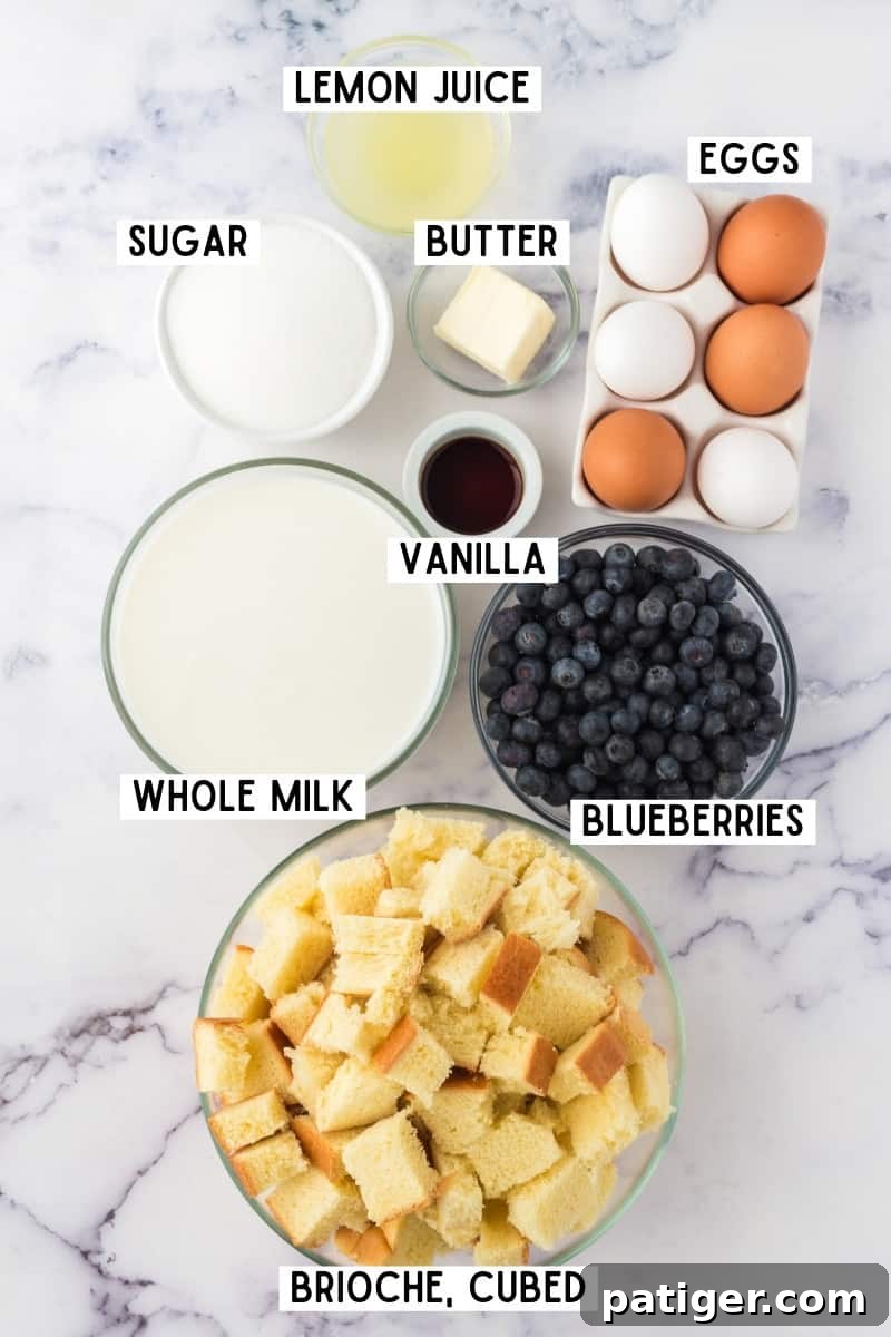 Ingredients for Lemon Blueberry Bread Pudding.