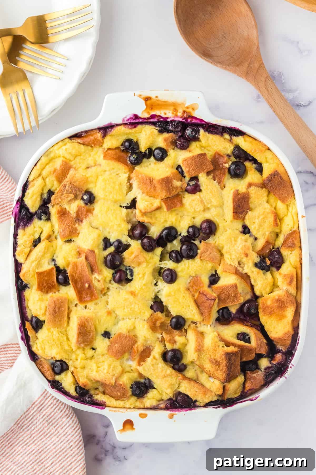 Homemade bread pudding with blueberries.