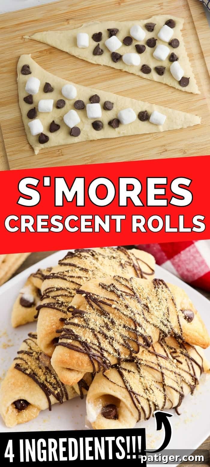 A vibrant image of S'mores Crescent Rolls with the text '4 Ingredients!' making them an easy dessert option.