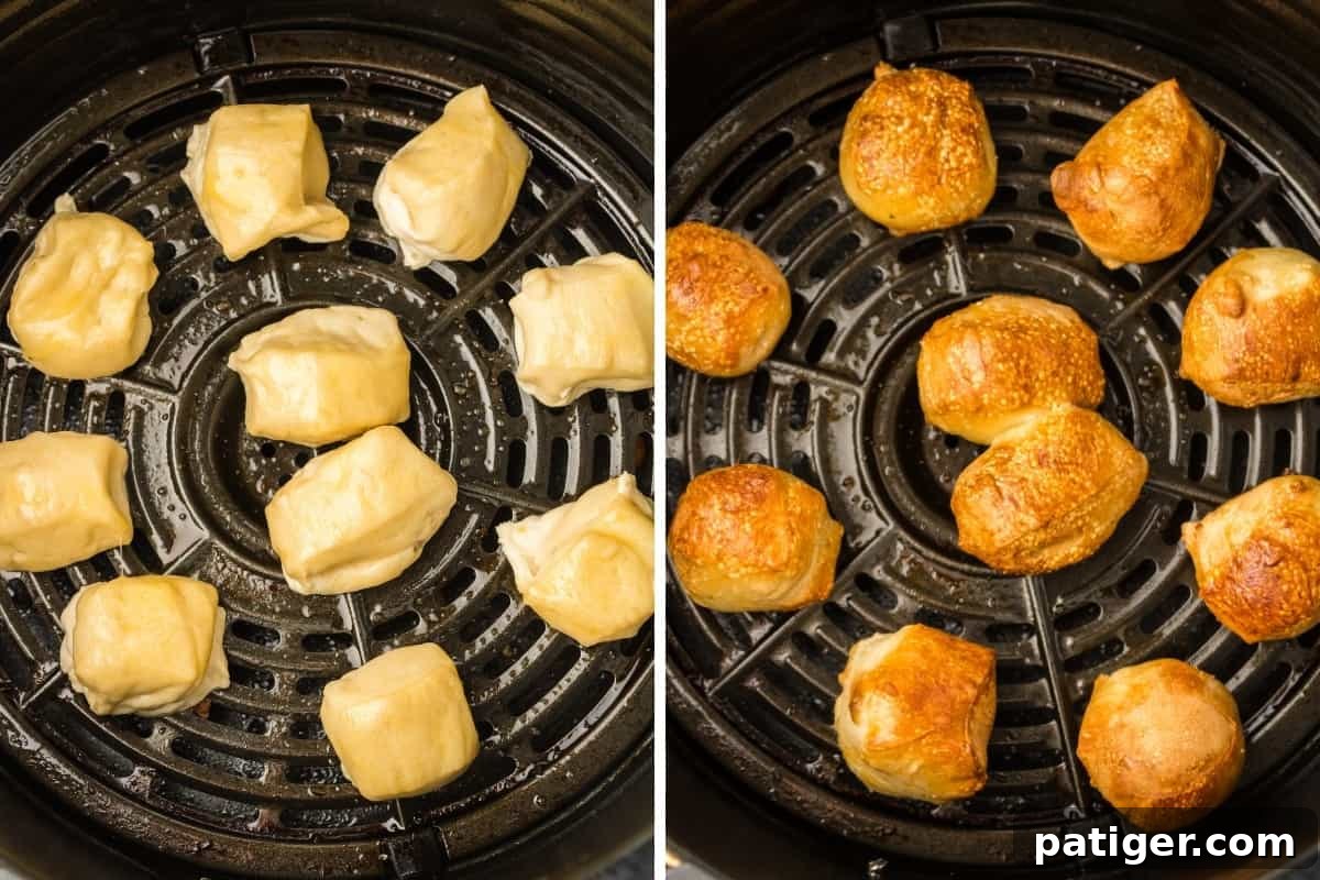 A two-image collage showing pretzel bites in an air fryer basket before and after air frying, showcasing their golden transformation.