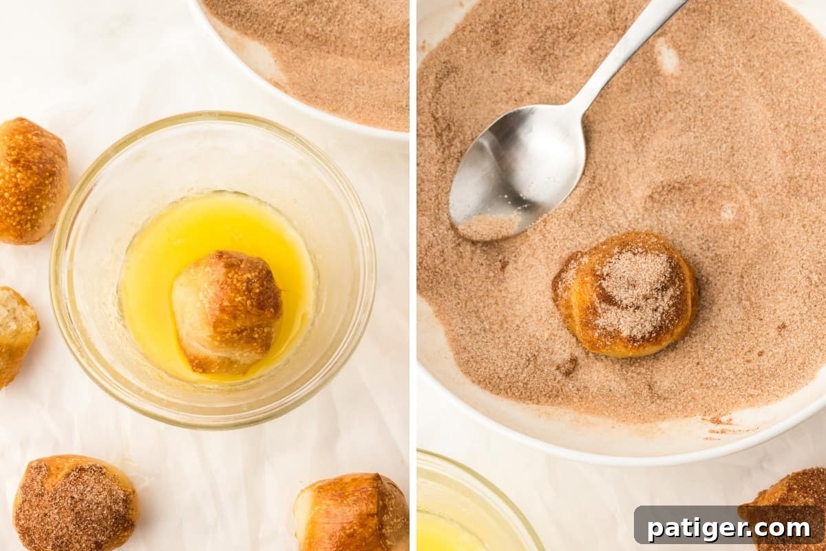 A two-image collage illustrating the process: first, a pretzel bite is dipped in melted butter, then rolled in cinnamon sugar.
