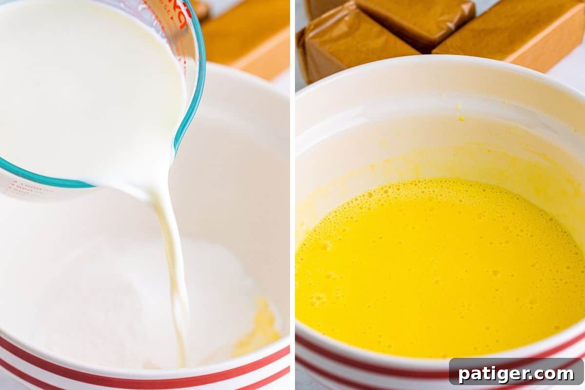Two image collage of steps to prepare banana pudding.