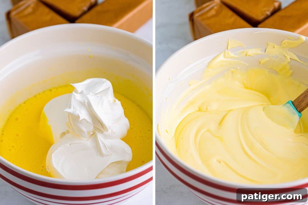 Two image collage of banana pudding before and after whipped topping is folded in to it.