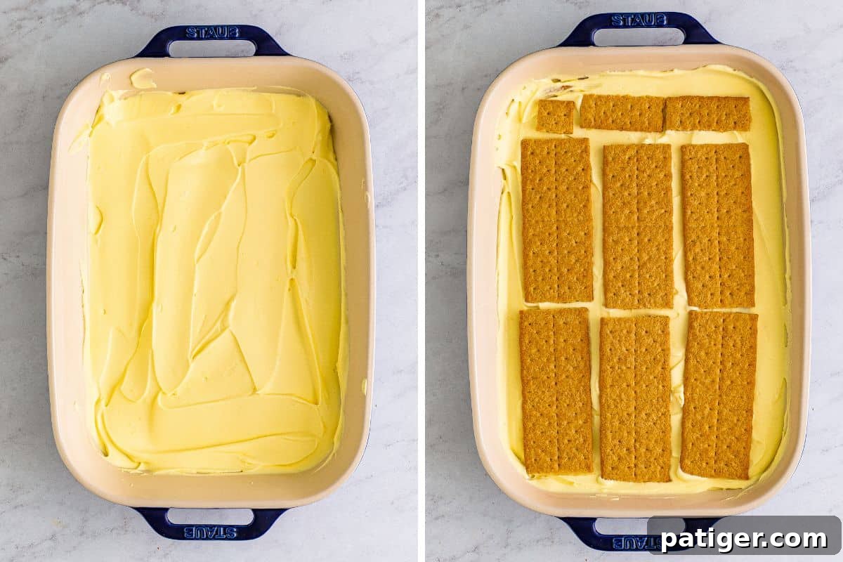 Two image collage of rectangular dish with an even layer of banana cream filling and then topped with graham crackers.