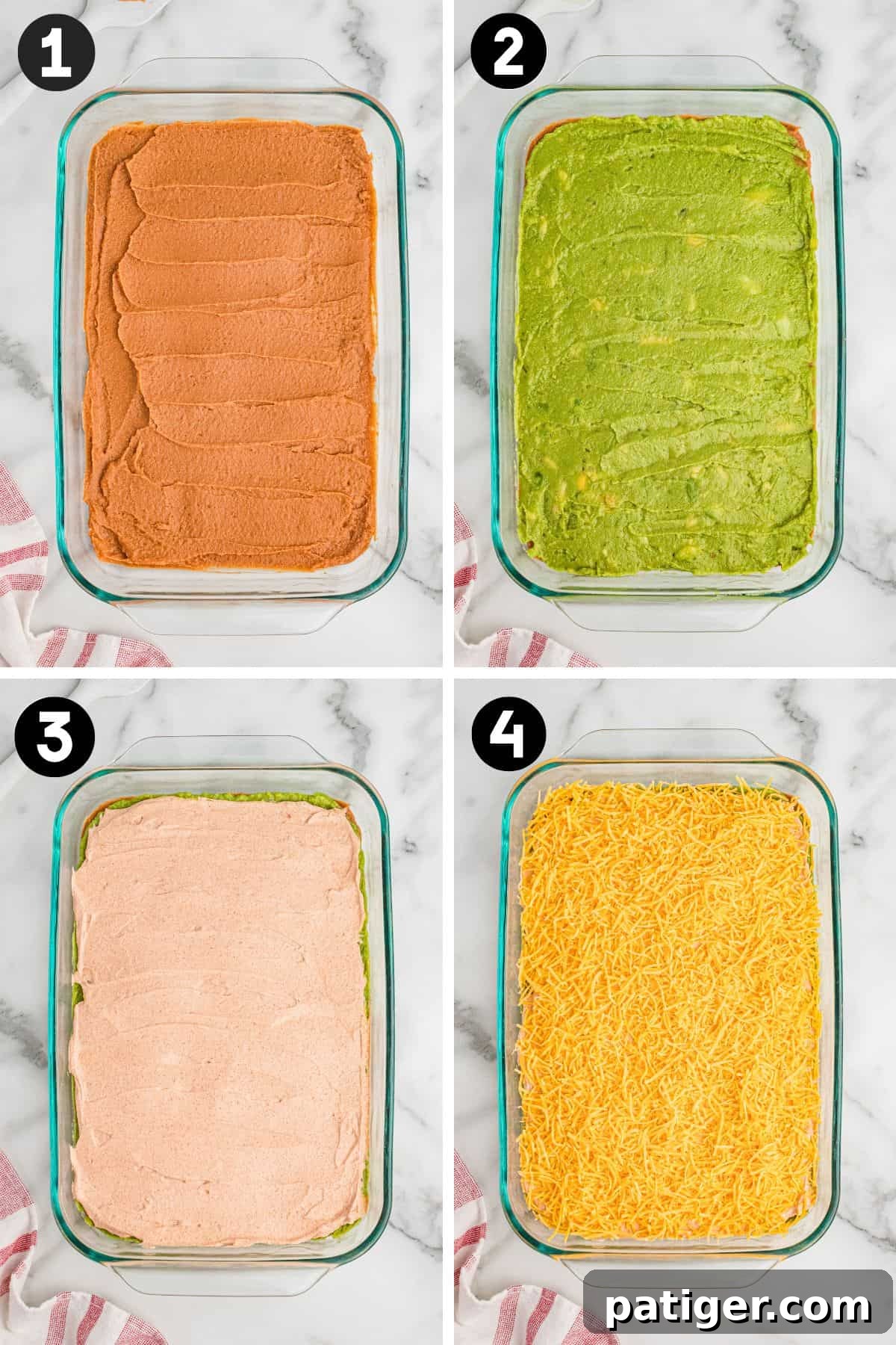A visual step-by-step guide showing the assembly of a 7-layer dip. Image 1 features a smooth, even layer of refried bean dip in a clear glass baking dish. Image 2 shows a vibrant layer of guacamole carefully spread on top of the bean dip. Image 3 displays the next layer: seasoned sour cream, evenly distributed over the guacamole. Image 4 completes the initial layering with a generous sprinkle of shredded cheddar cheese, ready for toppings.