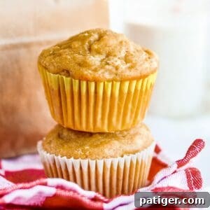 One apple muffin elegantly stacked on another, presented against a rustic brown paper bag, symbolizing a perfect snack.