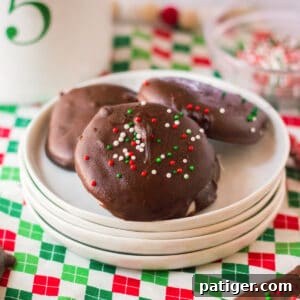 A festive close-up of homemade peppermint patties, beautifully adorned with Christmas sprinkles, creating an inviting holiday visual.
