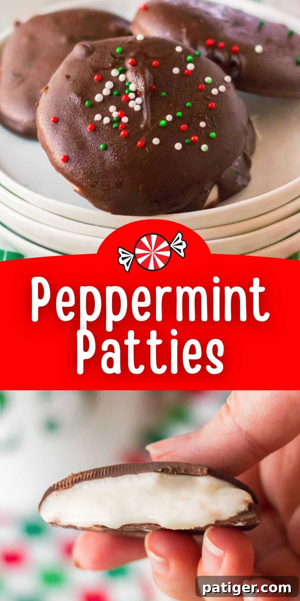 A stunning top-down view of homemade peppermint patties arranged beautifully, highlighting their smooth chocolate coating and festive sprinkles, with extra candy canes for garnish.