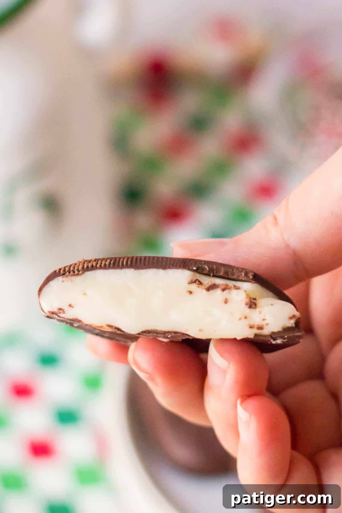 A perfectly halved homemade peppermint patty, showcasing its smooth, creamy white peppermint filling surrounded by a glossy chocolate shell.
