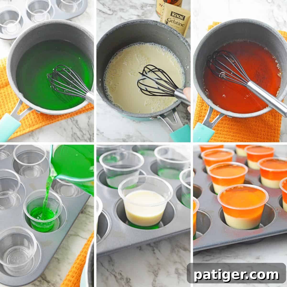 Six image collage showing bowls of green, white, and orange jello mix with a wire whisk, green liquid being poured into shot cups, white jello added to the cups, and the final layer of orange jello added.
