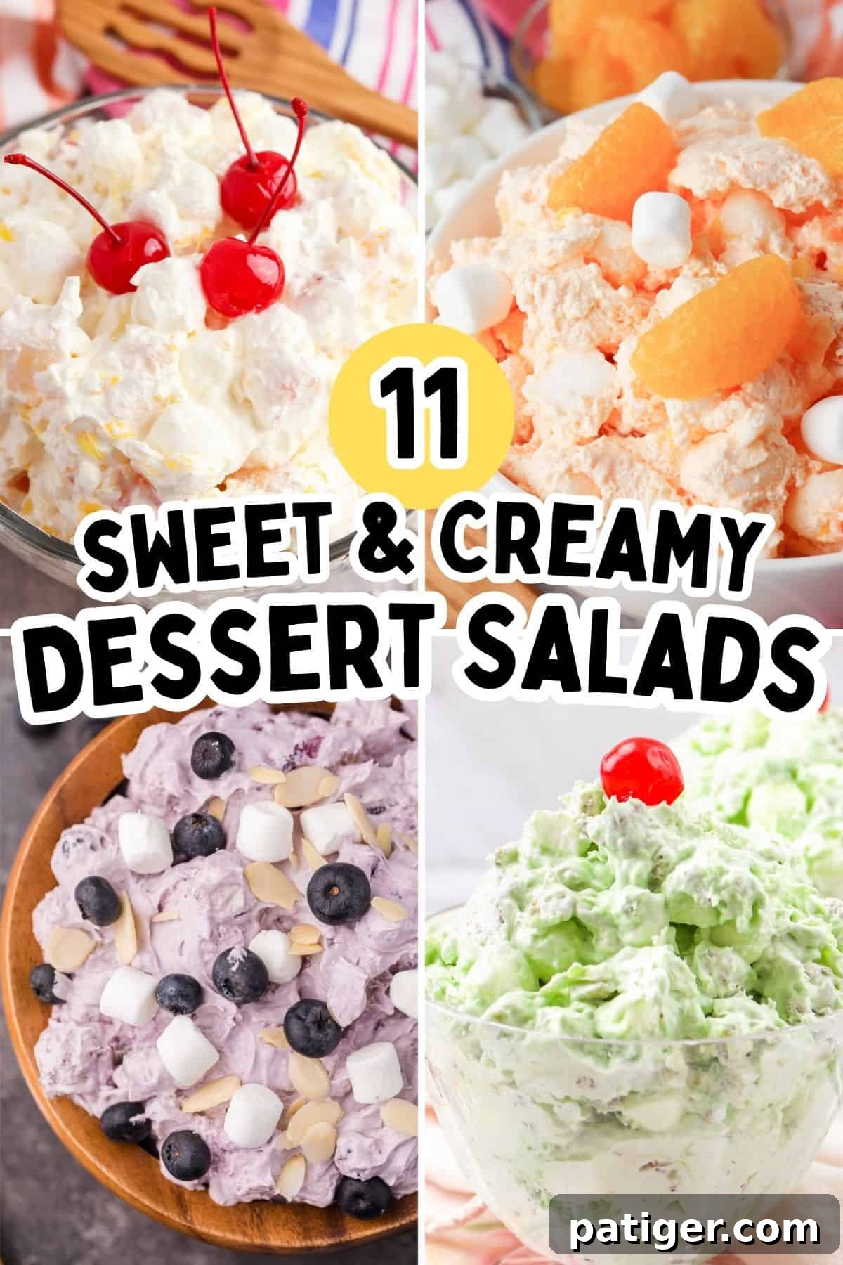 A vibrant assortment of sweet and creamy dessert salad recipes, showcasing various colors and textures.