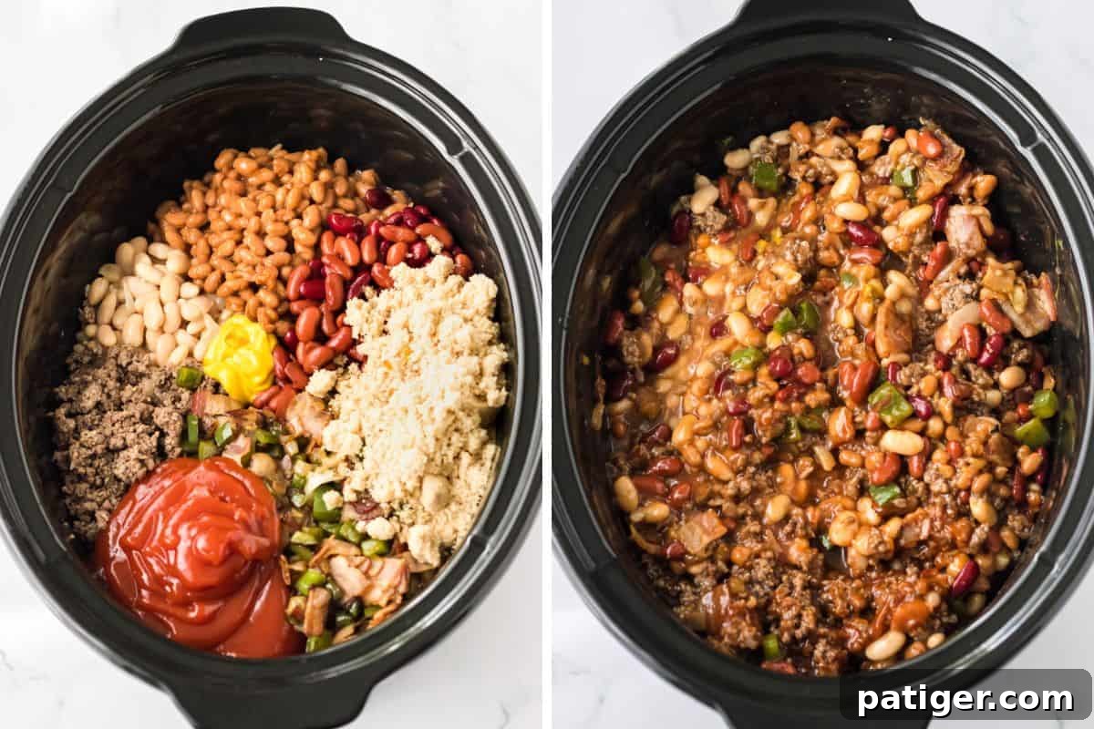 Two image collage of cowboy beans ingredients in the slow cooker before and after stirring.