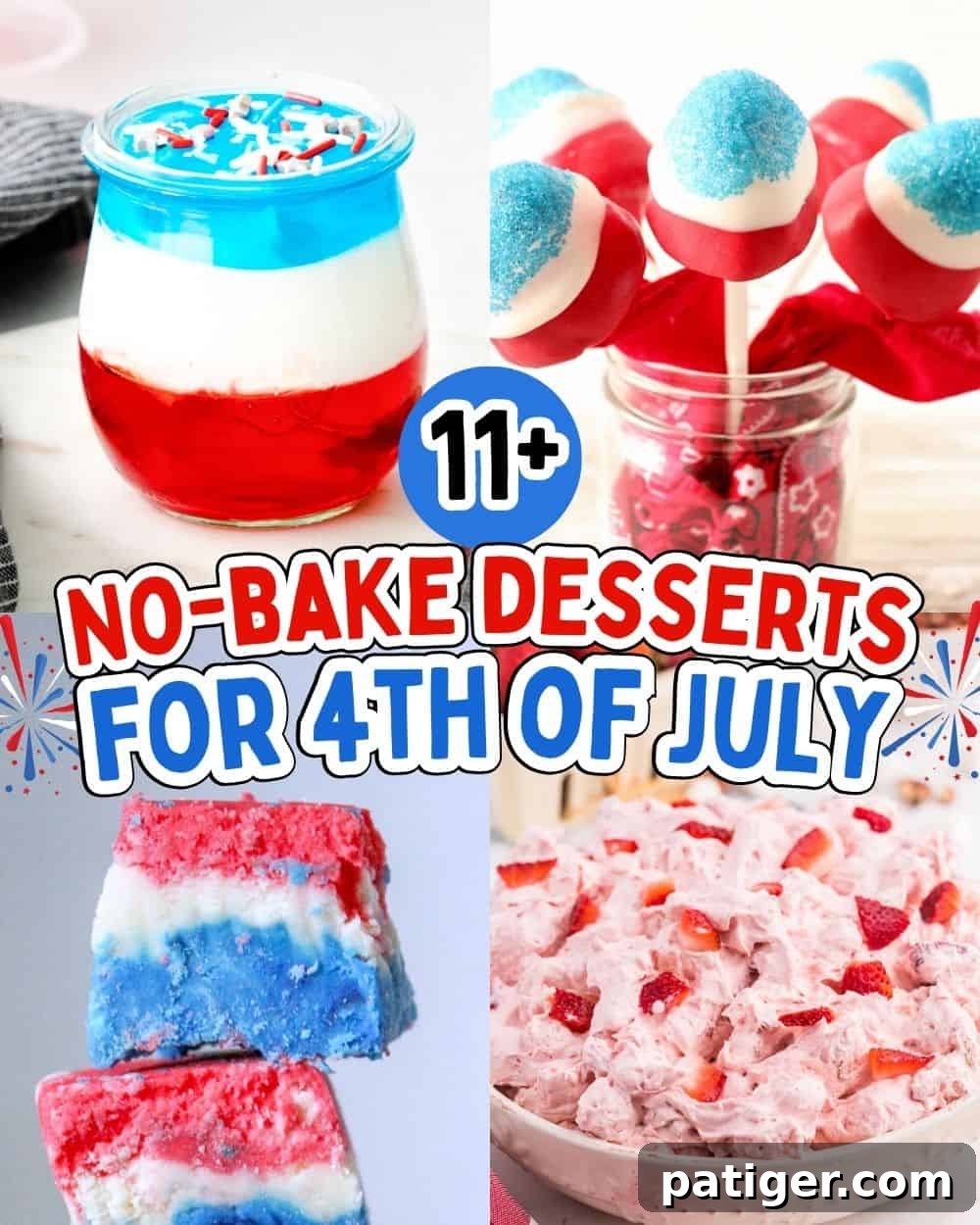 A vibrant collage of various red, white, and blue no-bake Fourth of July desserts, including jello cups, fruit salads, and trifles, perfect for summer celebrations.