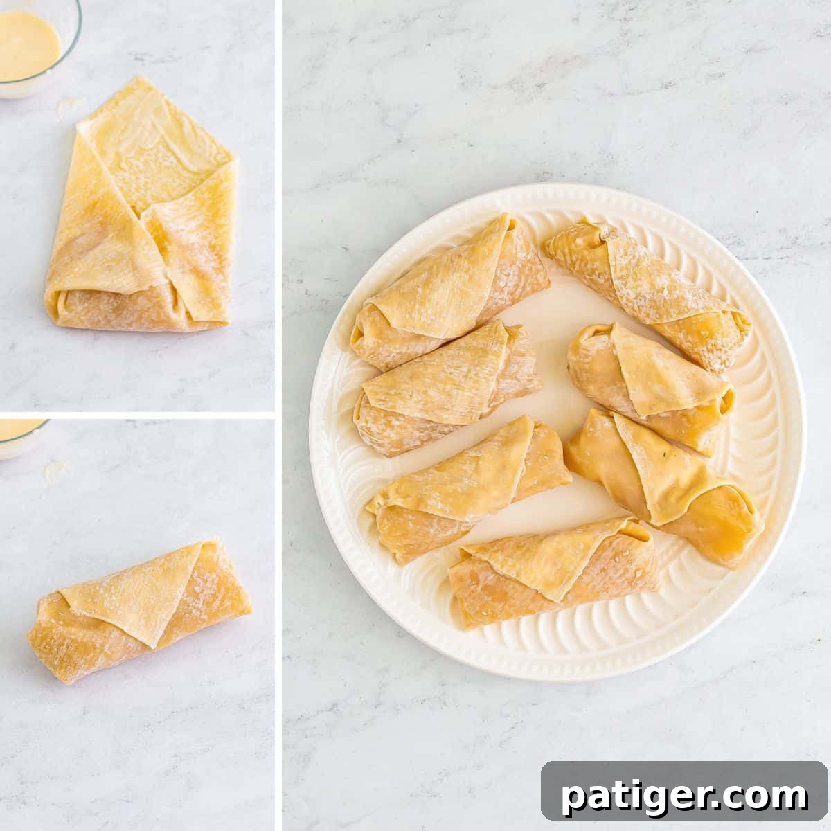 Three image collage showing the process of wrapping the egg rolls: first fold in the sides, then then fold down the top.