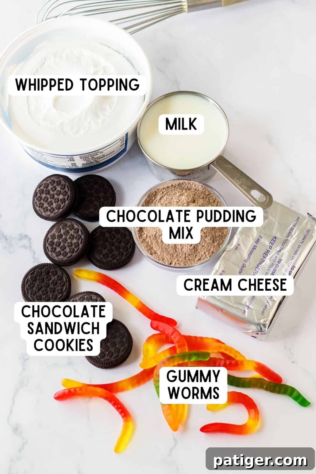 Ingredients for dirt and worms pudding - whipped topping, milk, chocolate pudding mix, chocolate sandwich cookies, cream cheese, and gummy worms.