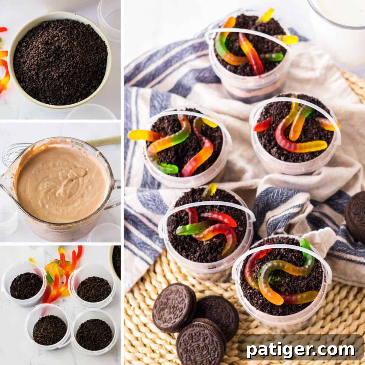 Four image collage of in process recipe images: chocolate cookie crumbs, chocolate pudding mixture, oreo crumbs in base of cups, and finished cups with cookie "dirt" and gummy worms on top.