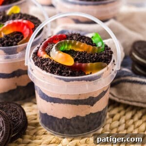 Dirt and worms pudding cups in clear pails with layers of creamy chocolate pudding and crushed oreo pieces.