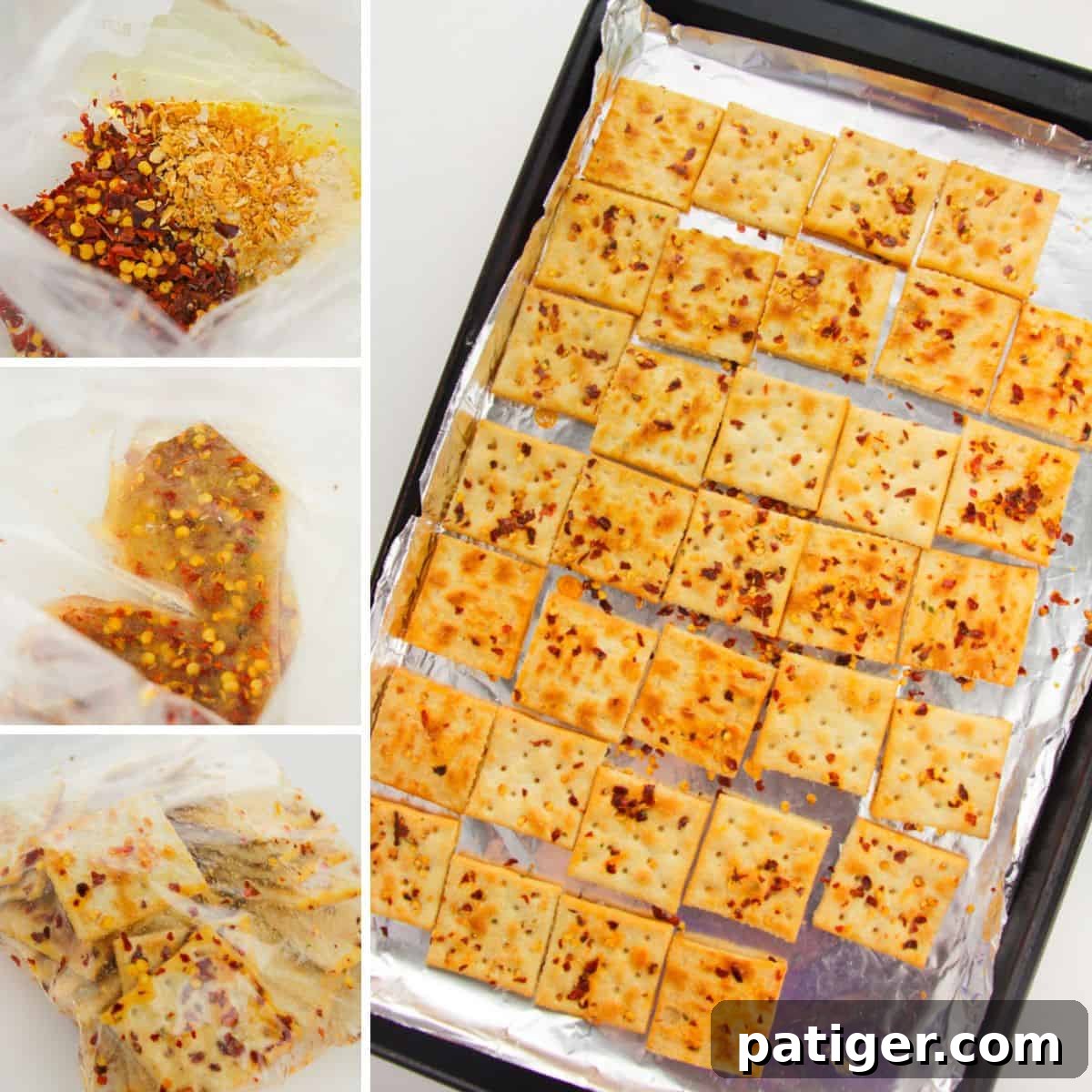A four-image collage demonstrating the steps to make fire crackers: mixing oil and seasonings in a bag, blended ingredients, crackers coated in seasoning, and seasoned crackers on a foil-lined baking sheet.