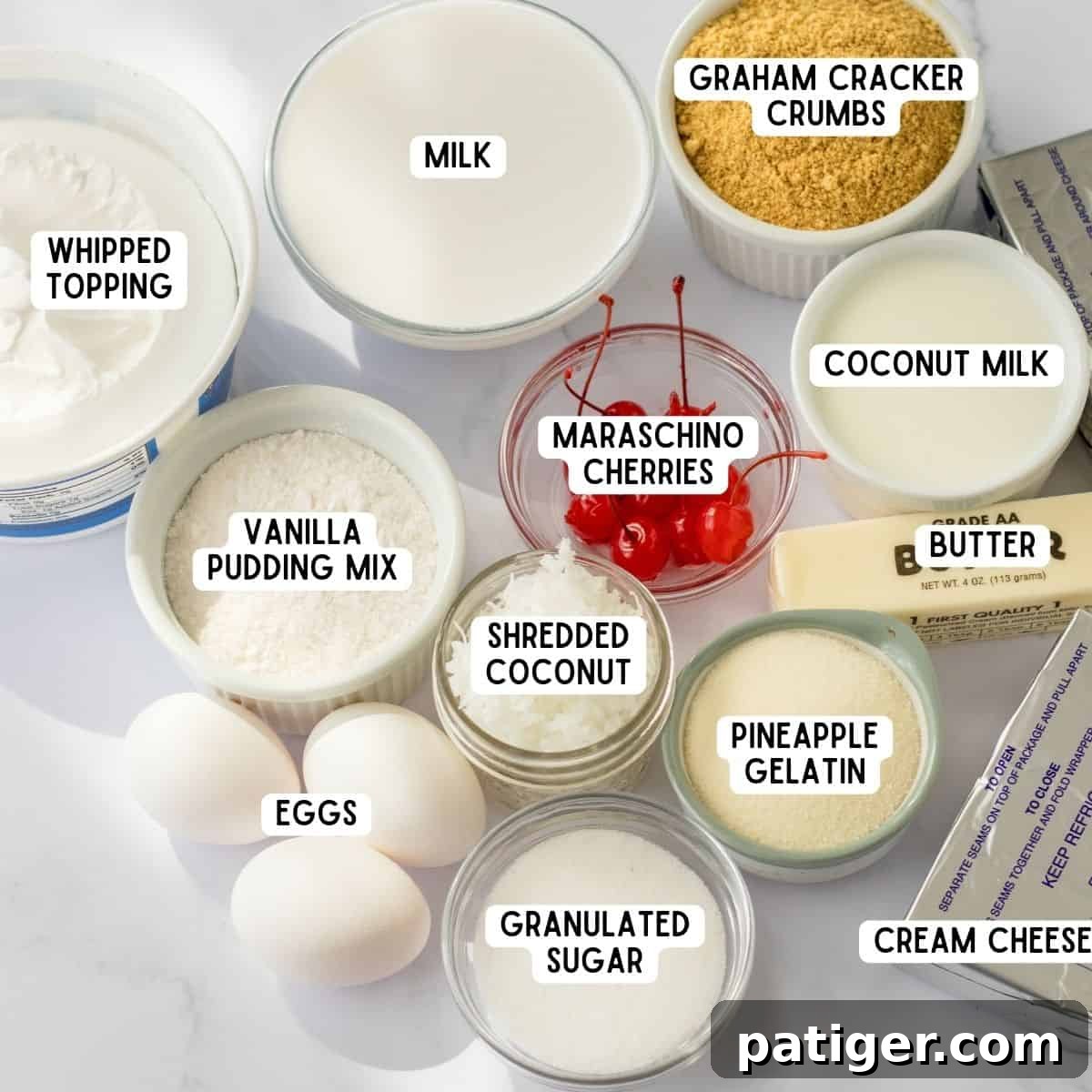 All the vibrant ingredients for the Pina Colada Dessert Lush arranged on a kitchen countertop, ready for preparation.