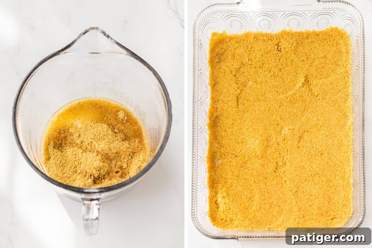 A two-image collage showing graham cracker crumbs and melted butter being mixed in a bowl, then firmly pressed into the bottom of a 9x13 baking dish to form the crust.