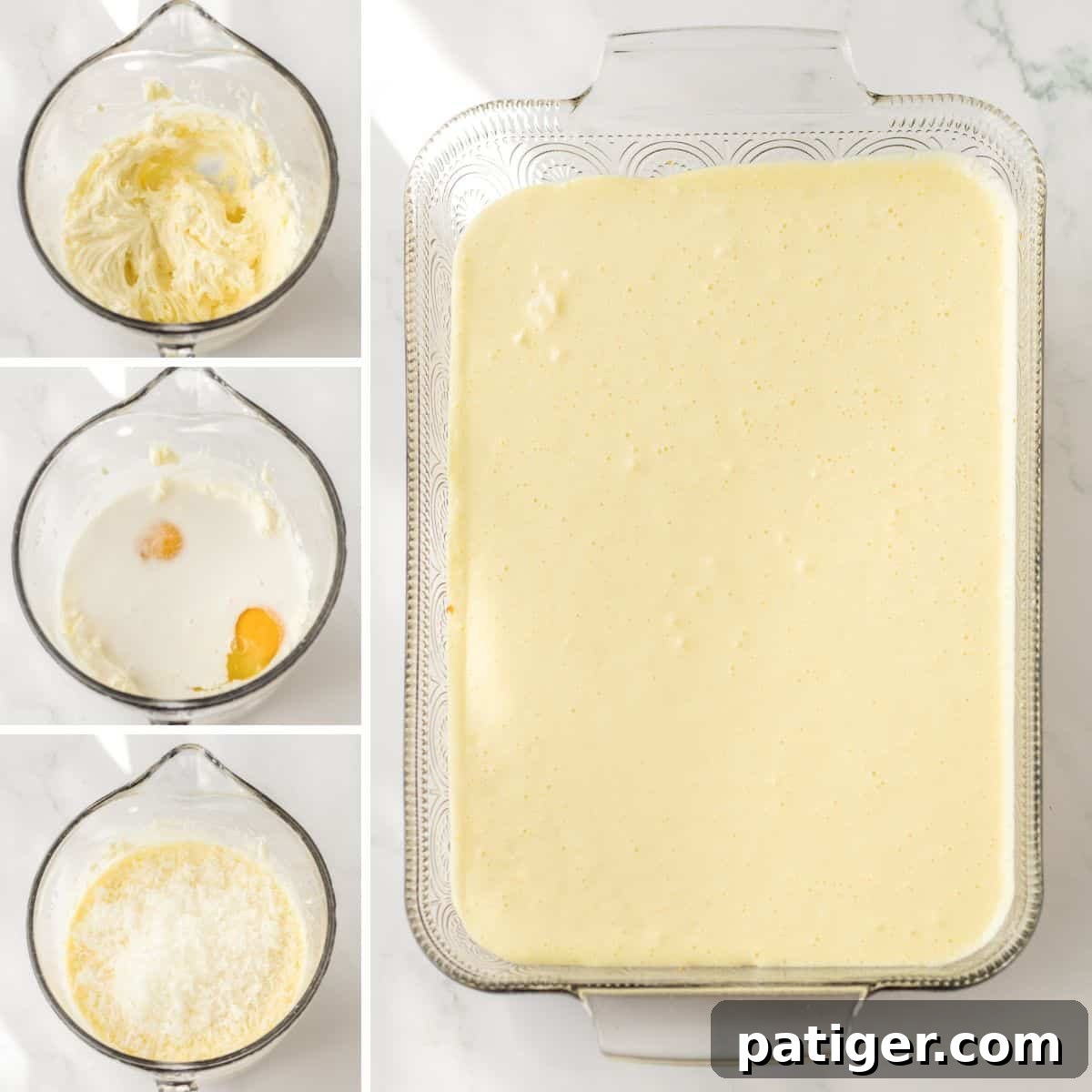 Step-by-step images illustrating the creation of the cheesecake layer: ingredients combined in a mixing bowl, then poured and spread into the casserole dish over the crust.
