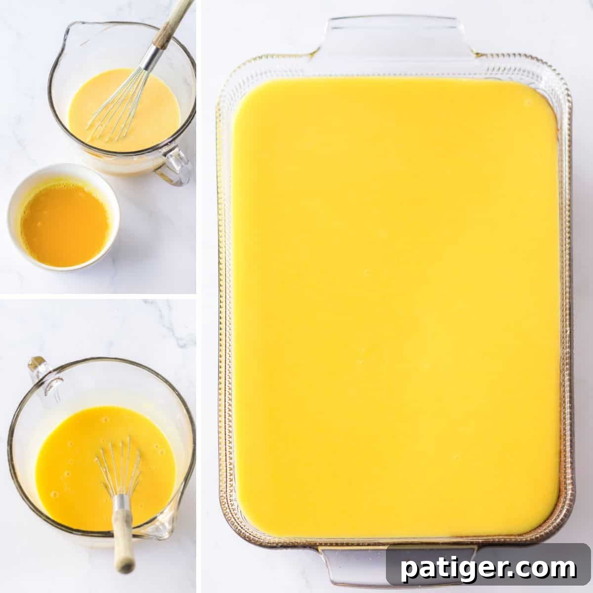 Images showing the pineapple layer preparation: pudding and gelatin mixes are prepared separately in bowls, then combined and poured into the 9x13 dish over the cheesecake layer.
