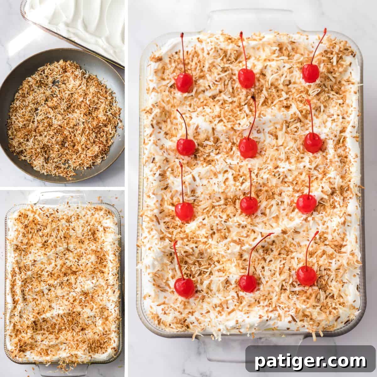 A series of images depicting the final steps: shredded coconut being toasted in a frying pan, then sprinkled over the cool whip-topped lush, and finally garnished with maraschino cherries.