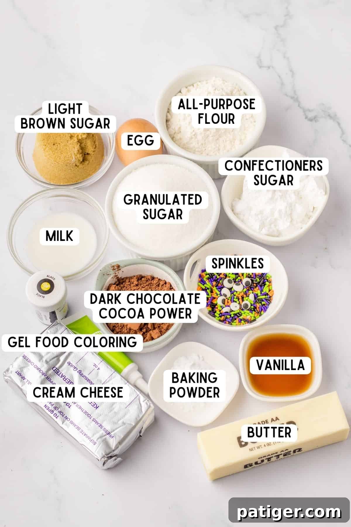 Ingredients for slime cookies laid out on countertop.