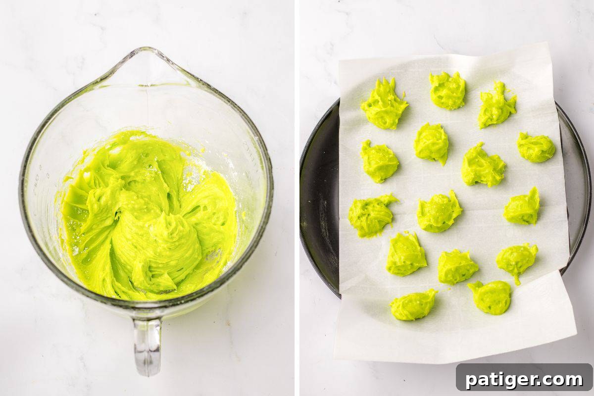 Two image collage of green cheesecake filling in bowl and then the filling rolled into balls on a parchment-lined plate.