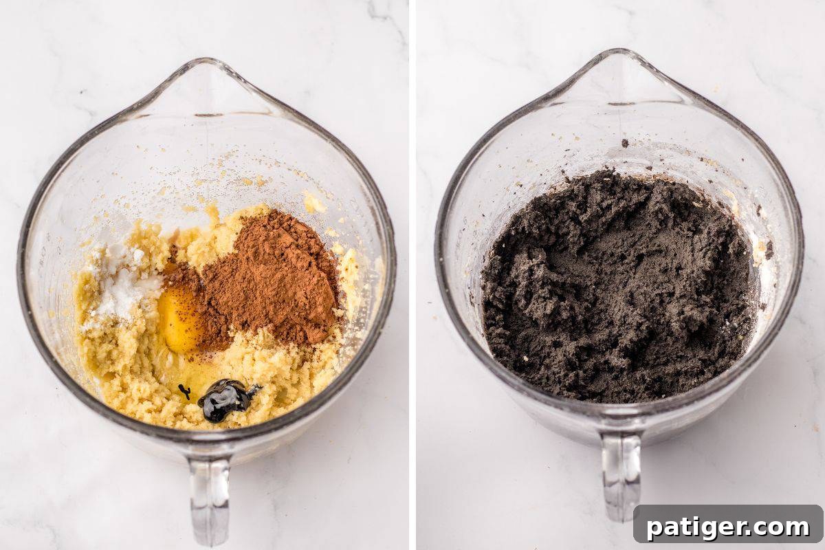 Two image collage of cookie dough ingredients before and after mixing together in a glass mixing bowl.