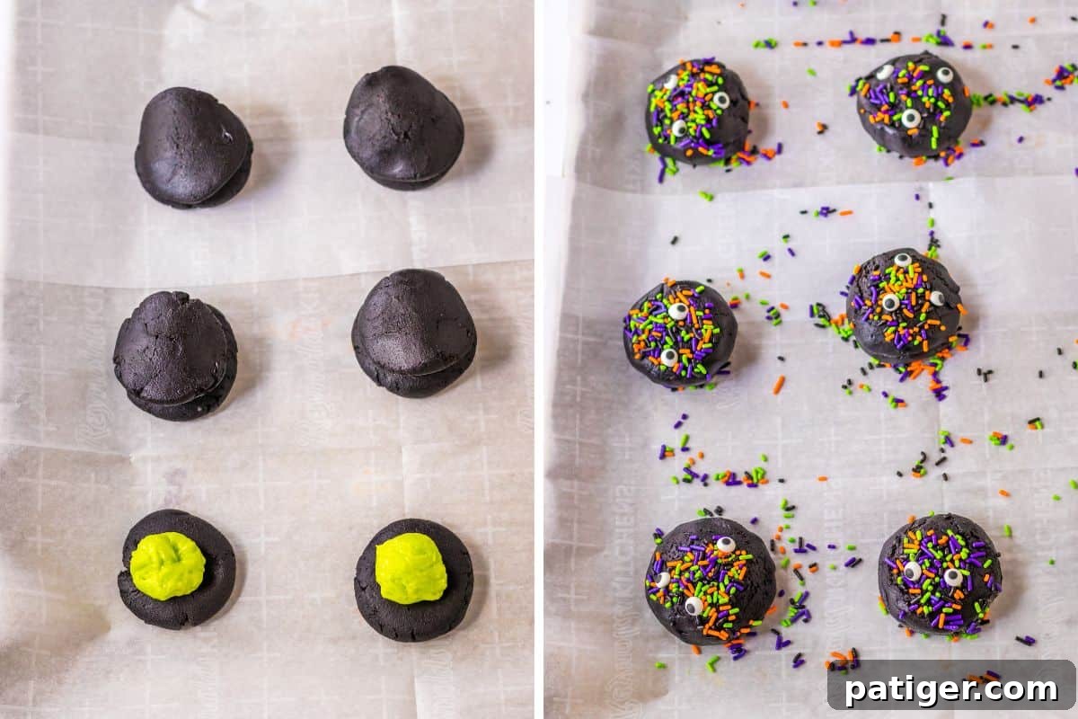 Two image collage of cookies being assembled and cookies topped with sprinkles on parchment lined baking sheet.