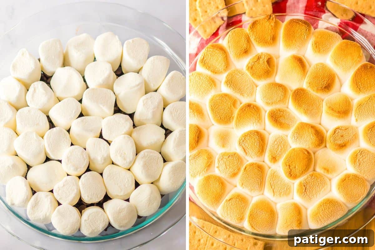 A two-image collage showing the S'mores dip before baking with chocolate chips on the bottom and marshmallows on top, and after baking with golden brown, bubbly marshmallows.