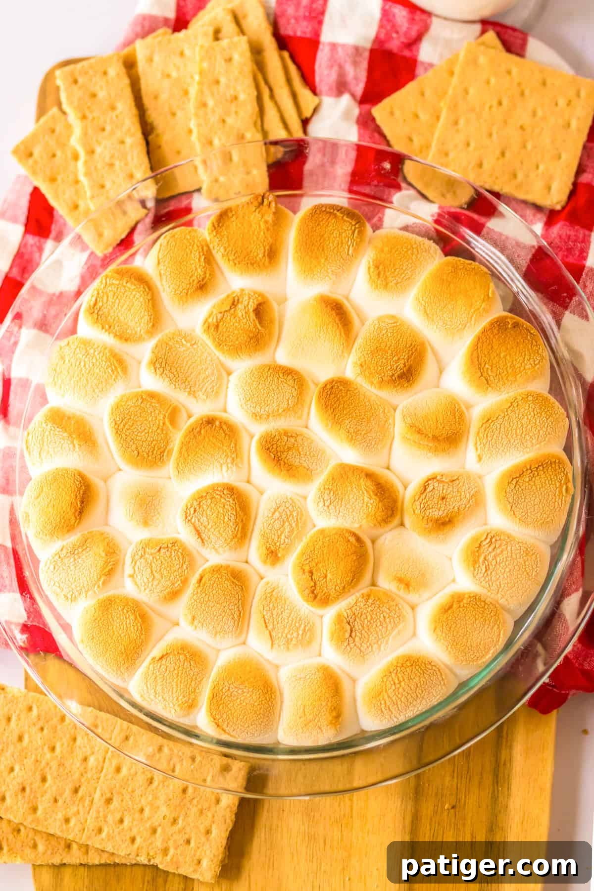 Baked S'mores dip in a round glass pie dish, surrounded by neatly stacked graham crackers ready for dipping.