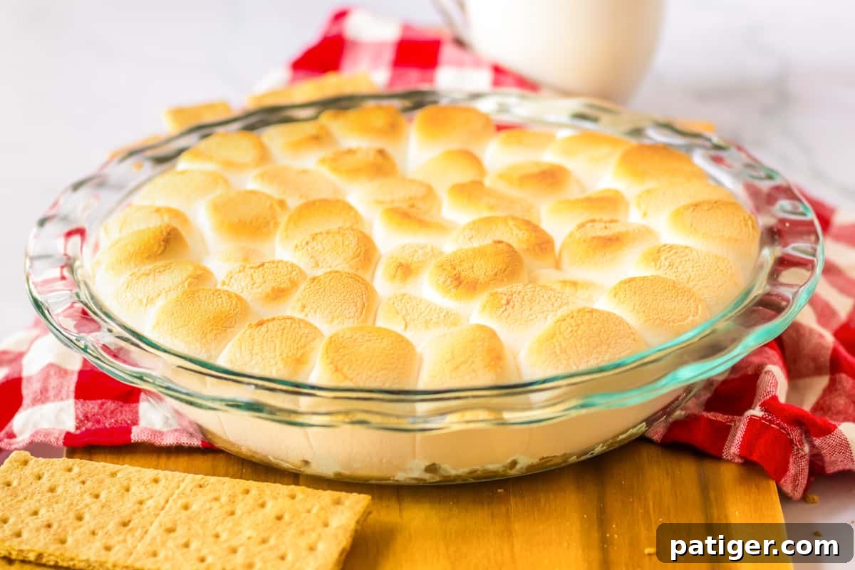 Close-up of a glass pie dish filled with golden brown toasted S'mores dip, garnished with extra graham crackers for serving.