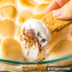 Graham cracker being dipped in s'mores dip made with marshmallows and chocolate chips.