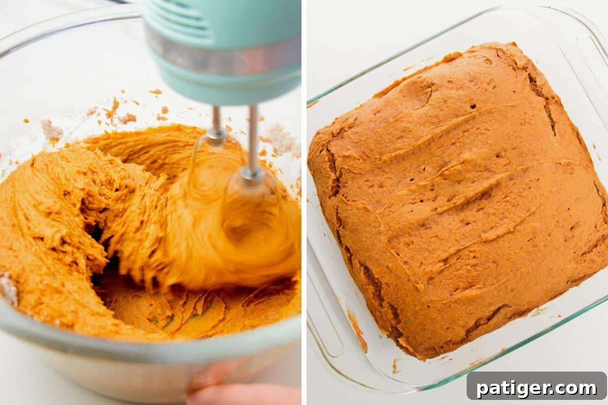 Pumpkin spice cake batter being mixed with an electric hand mixer, next to the same cake baked in a square glass pan.