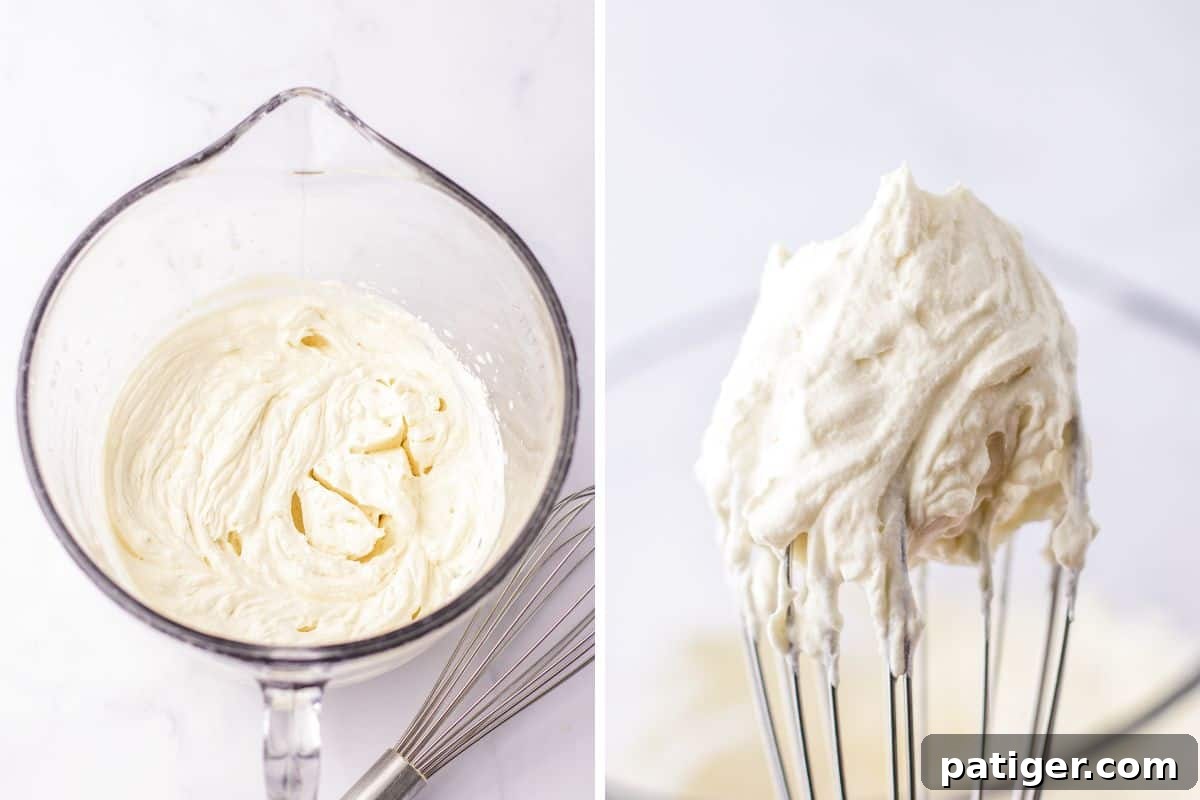 Two-image collage showing 1) stabilized whipped cream whipped to medium peaks in a mixing bowl and 2) a whisk with cream whipped to soft/medium peaks, illustrating the desired consistency.