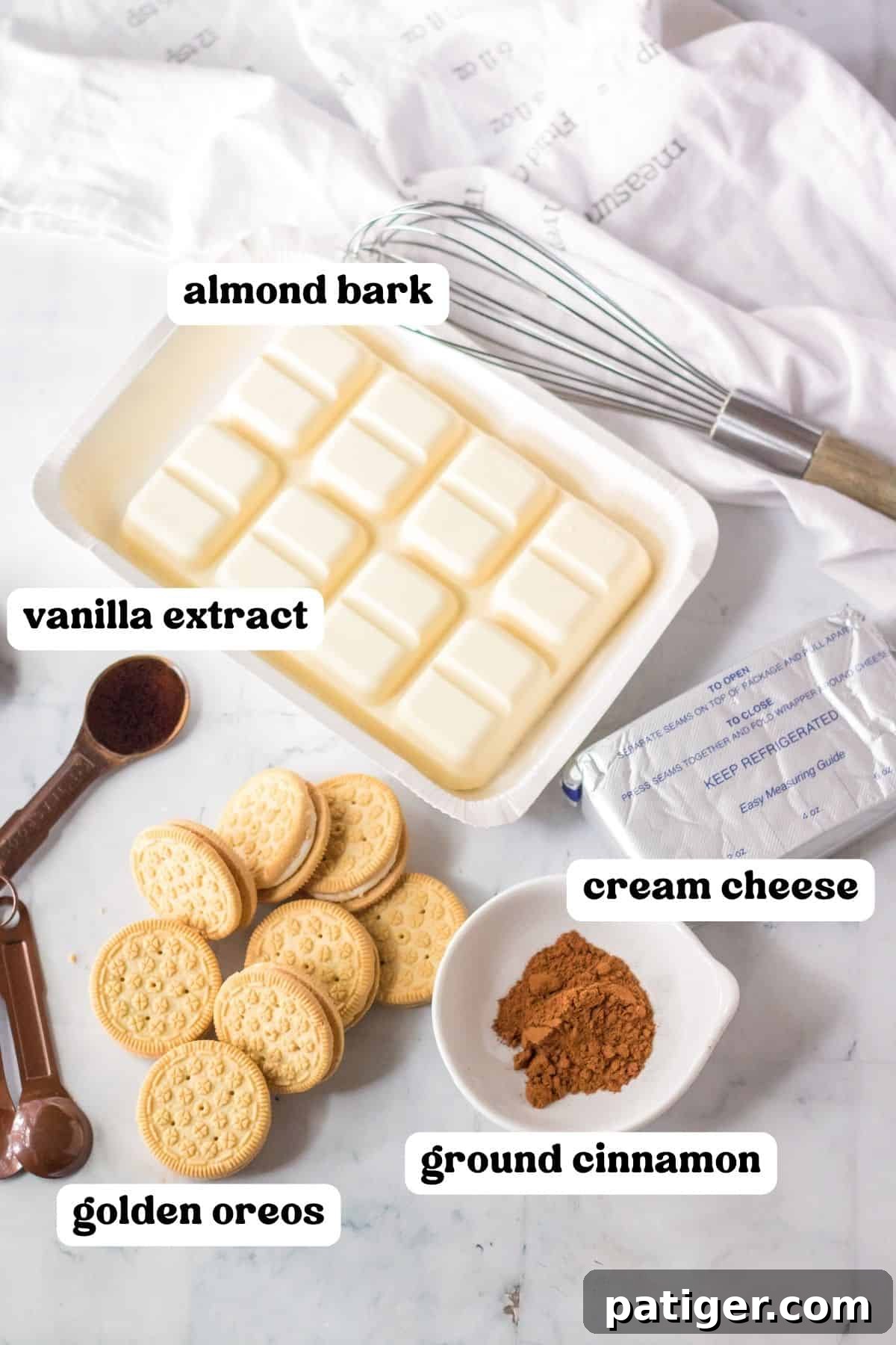 Almond bark, cream cheese, vanilla extract, ground cinnamon and golden oreo cookies.