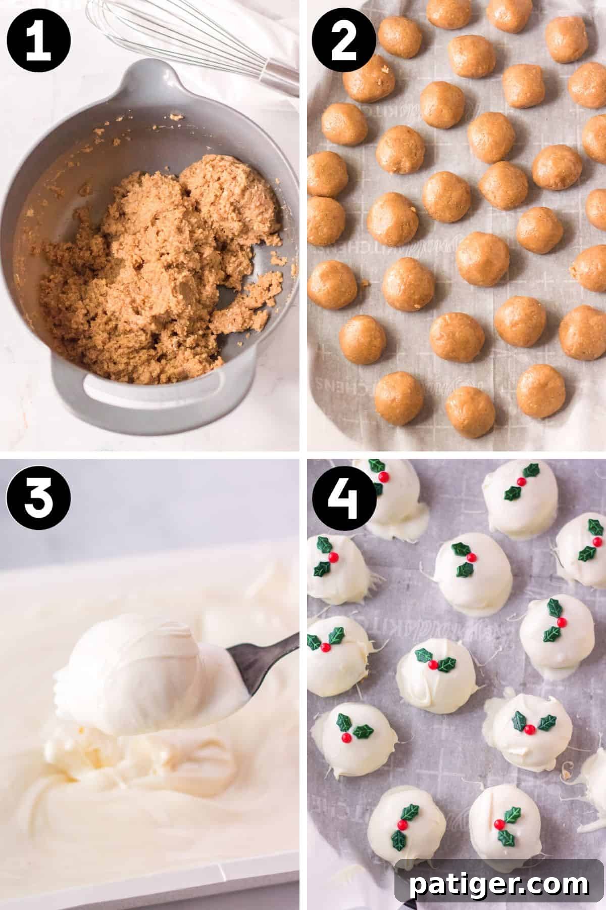 Four image collage of truffle mixture in a mixing bowl, scooped into balls on a lined cookie sheet, being dipped in white almond bark with a fork, and topped with holiday sprinkles on lined baking sheet.
