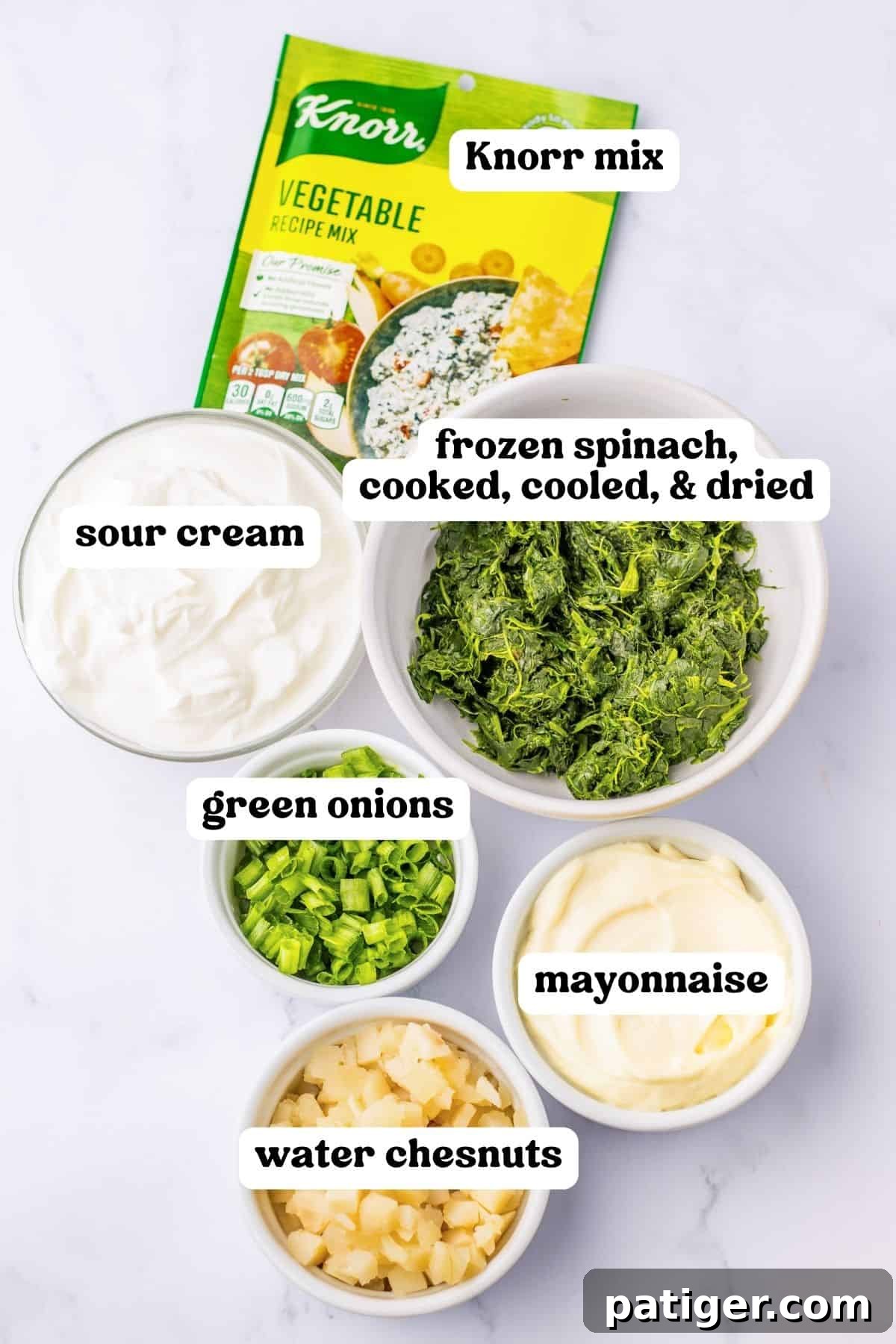Knorr vegetable recipe mix packet, frozen chopped spinach, sour cream, mayonnaise, chopped green onions, and water chesnuts.