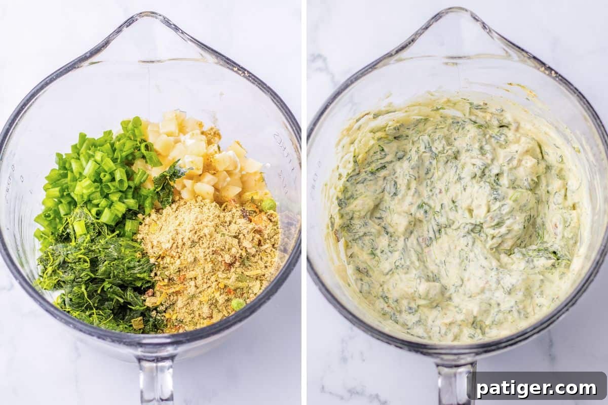 Side by side photos of spinach dip ingredients in a glass mixing bowl before and after being stirred well to combine.